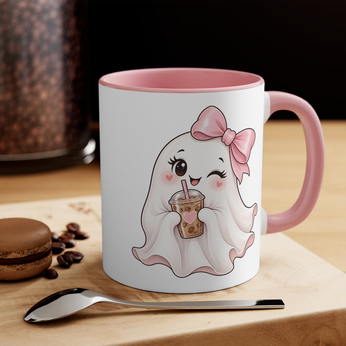 Cute Ghost Accent Mug — Pink Bow Ghost Drinking Boba | Kawaii Halloween Coffee Cup