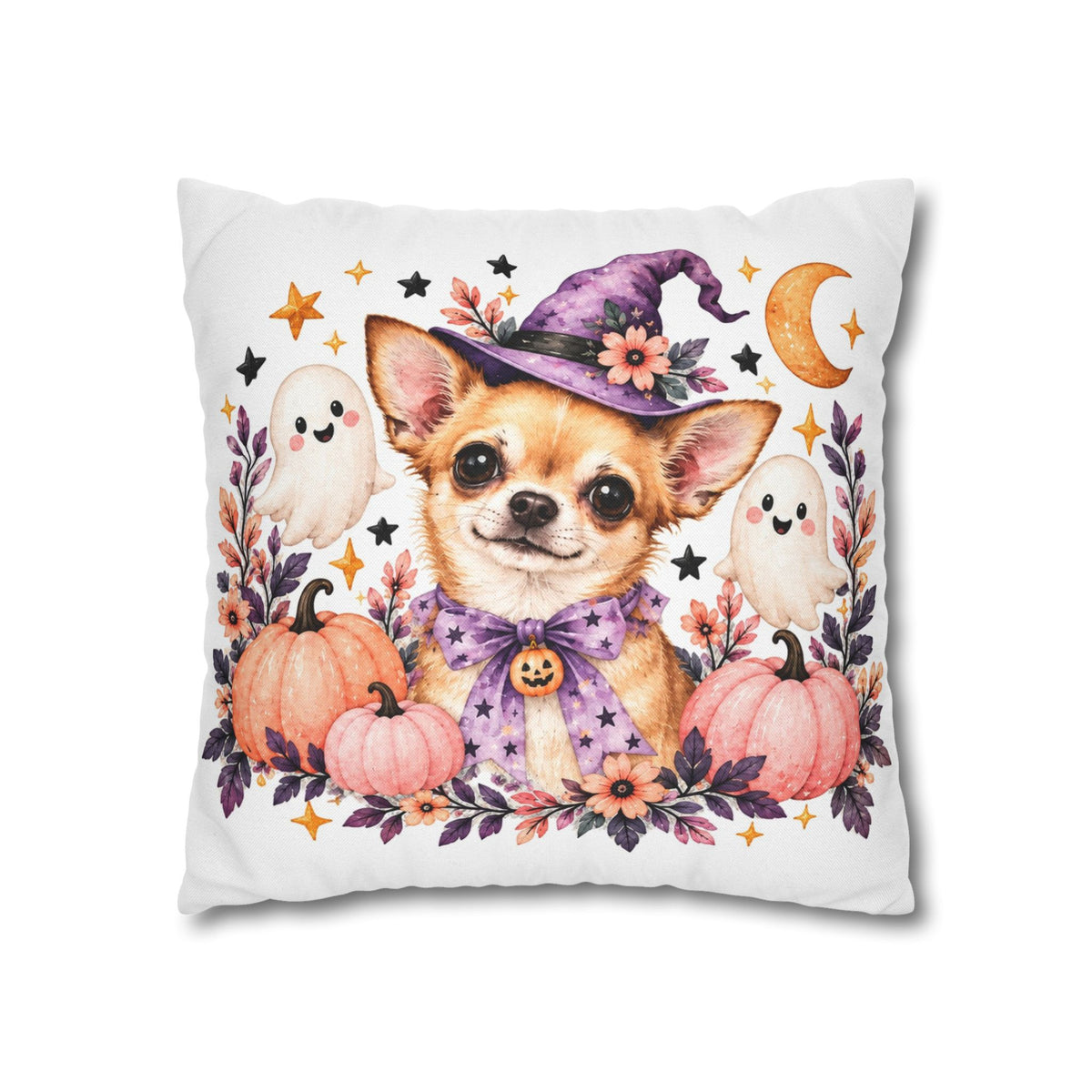 Halloween Chihuahua Pillowcase — Cute Witch Dog with Ghosts & Pumpkins