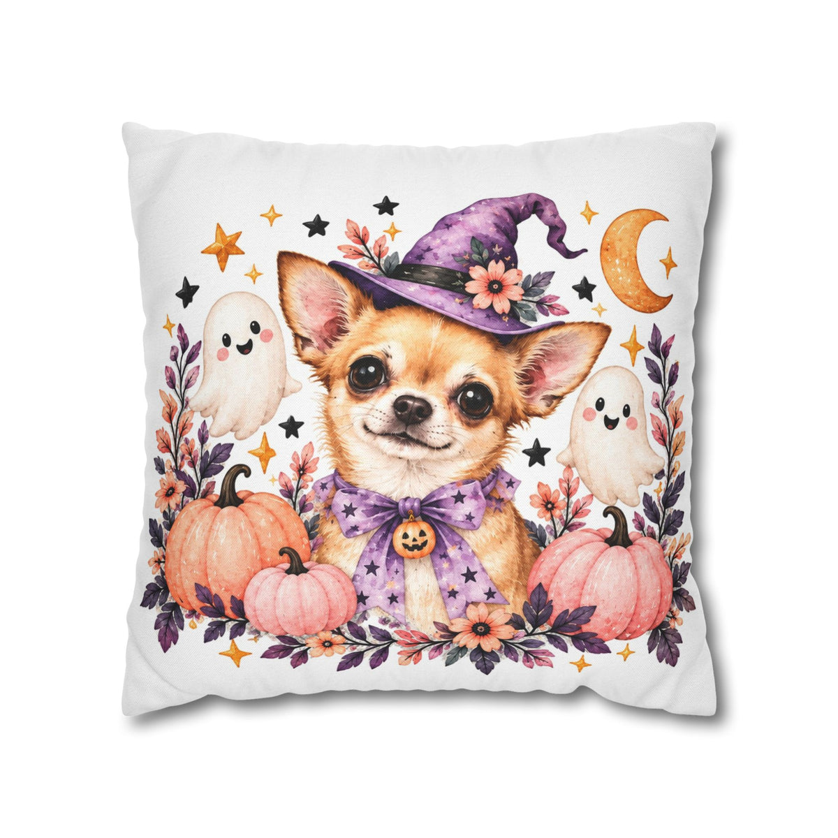 Halloween Chihuahua Pillowcase — Cute Witch Dog with Ghosts & Pumpkins