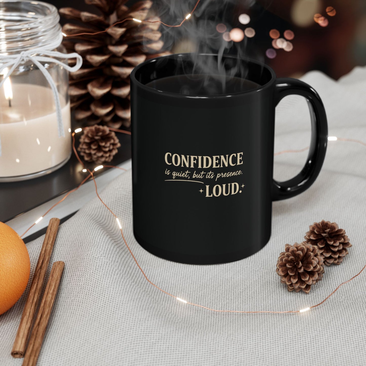 Inspirational Coffee Mug — "Confident Energy Attracts Success" Black Ceramic