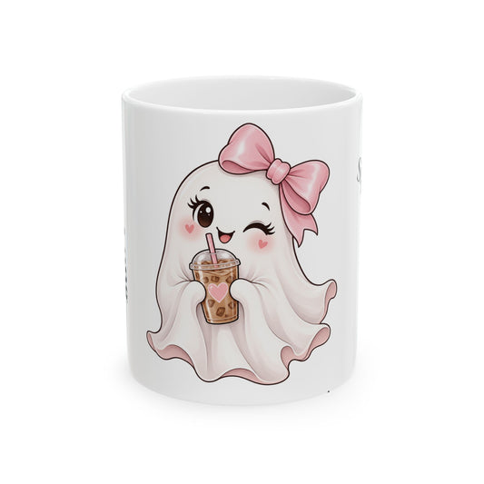Cute Ghost Mug with Boba Tea – 'Spooky Cute' Ceramic Coffee Cup (11oz & 15oz)