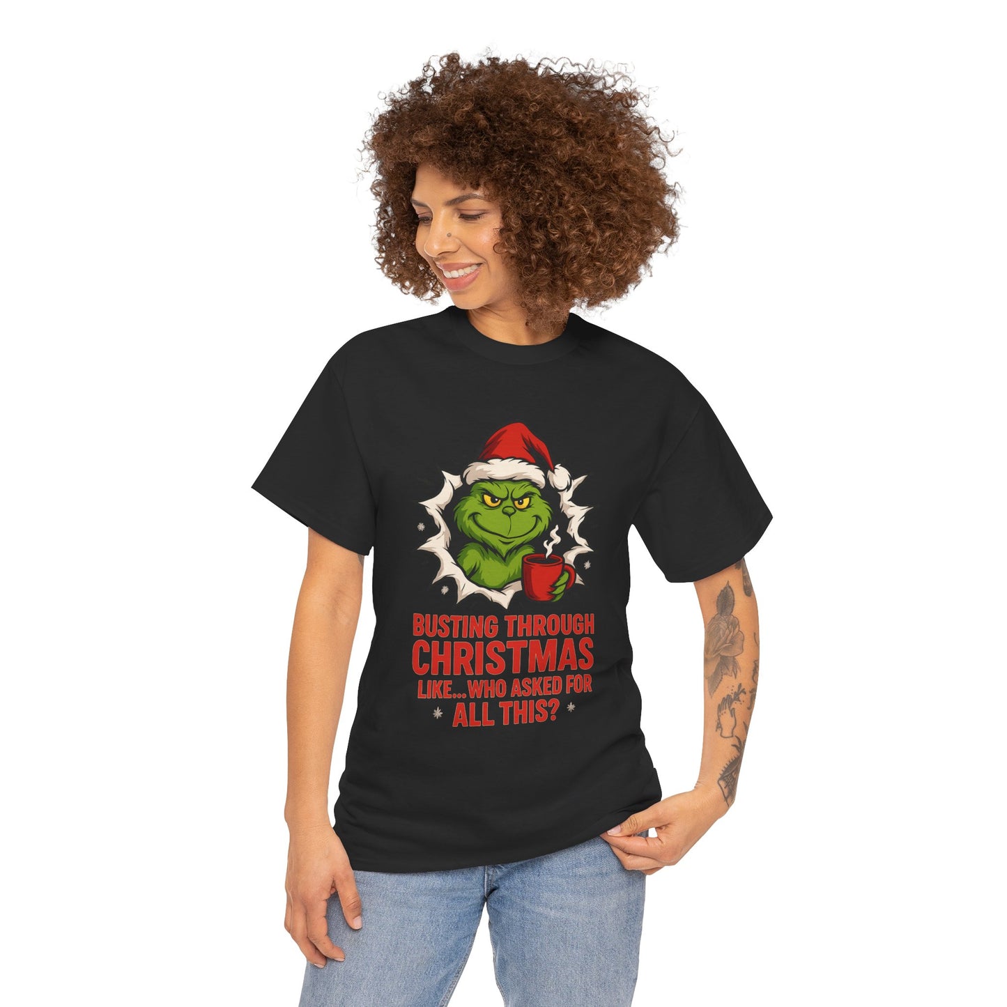 Grinch Christmas T-Shirt — "Busting Through Christmas" Front & "Mind Your Business" Back