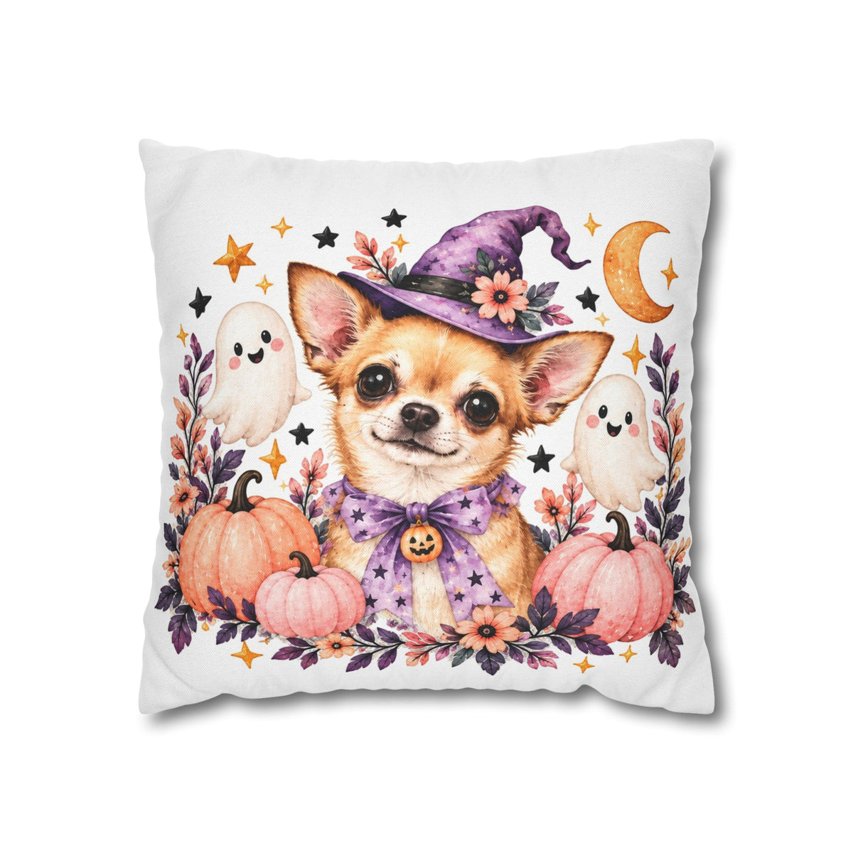 Halloween Chihuahua Pillowcase — Cute Witch Dog with Ghosts & Pumpkins