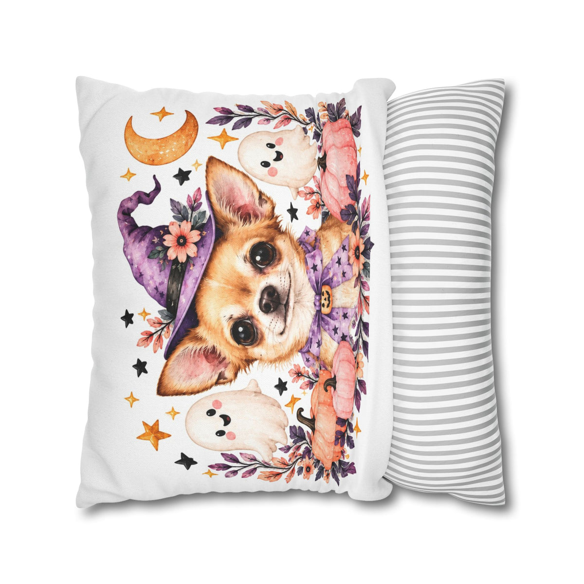 Halloween Chihuahua Pillowcase — Cute Witch Dog with Ghosts & Pumpkins