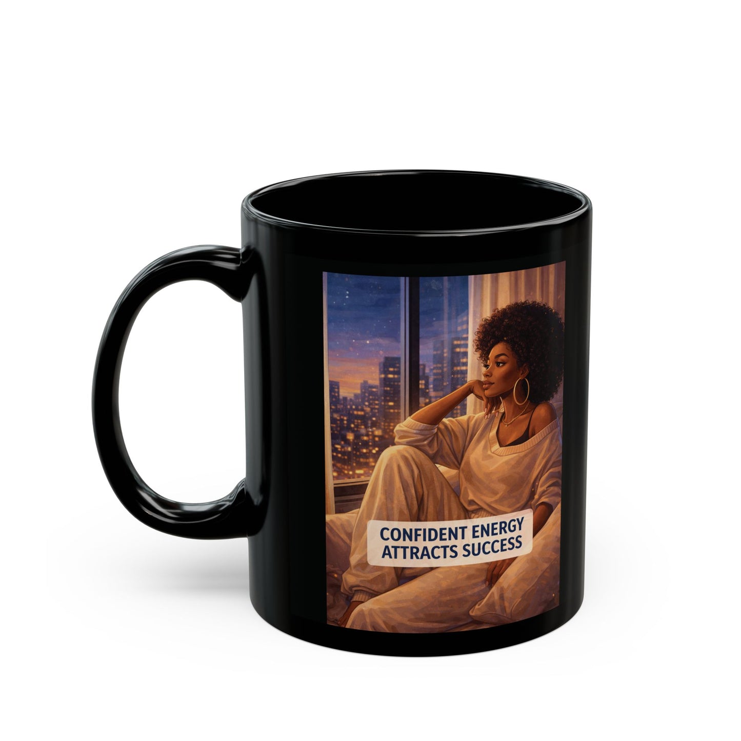 Inspirational Coffee Mug — "Confident Energy Attracts Success" Black Ceramic
