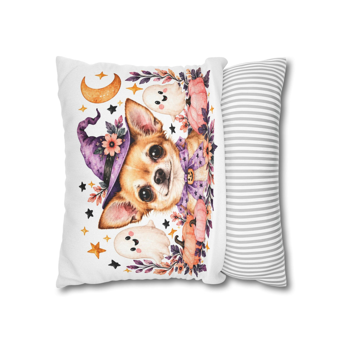 Halloween Chihuahua Pillowcase — Cute Witch Dog with Ghosts & Pumpkins