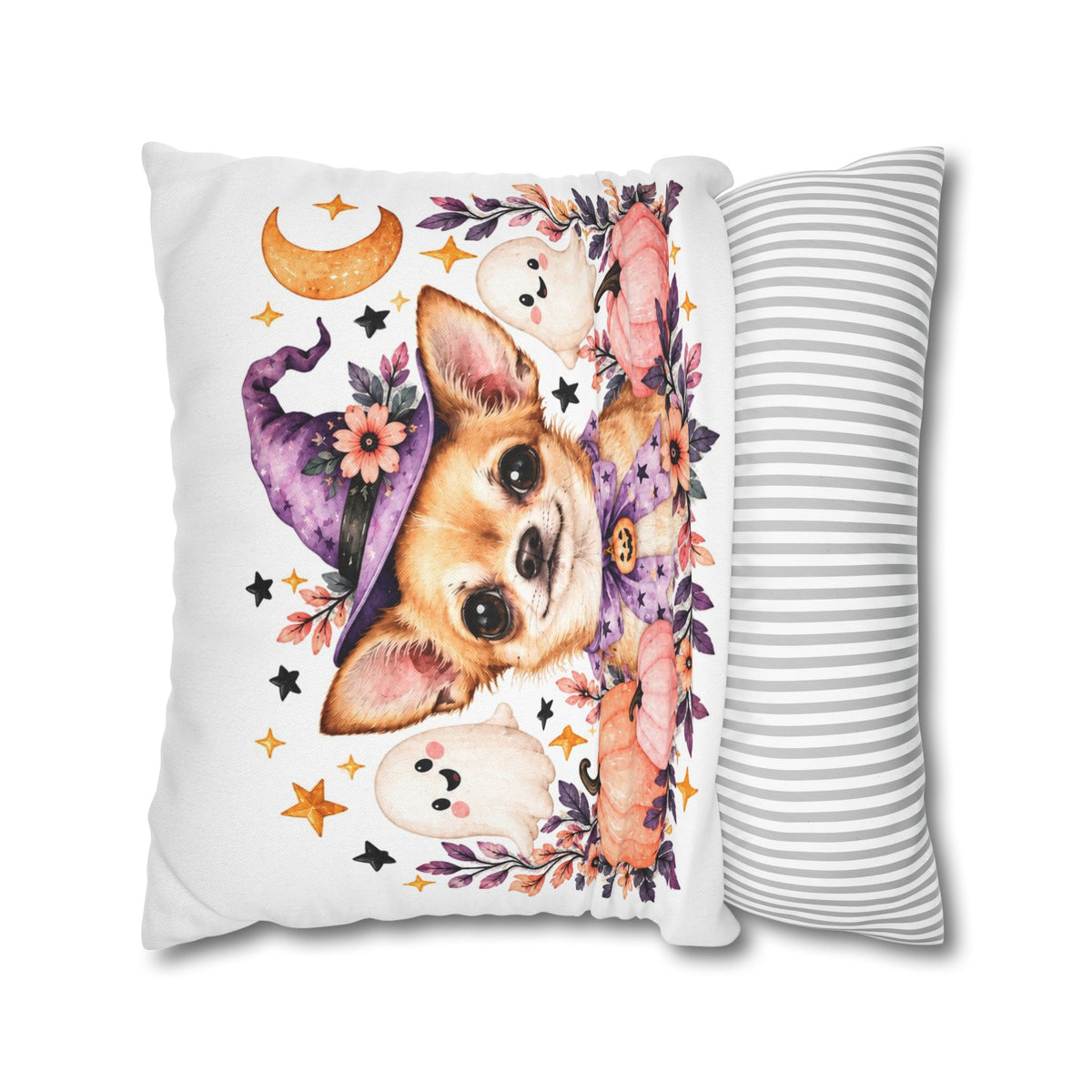 Halloween Chihuahua Pillowcase — Cute Witch Dog with Ghosts & Pumpkins