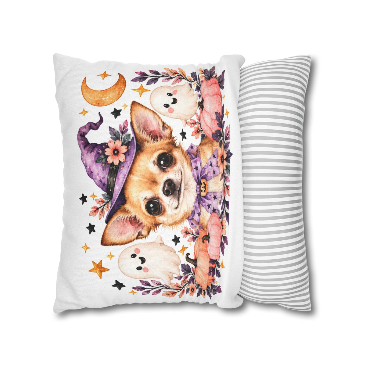 Halloween Chihuahua Pillowcase — Cute Witch Dog with Ghosts & Pumpkins