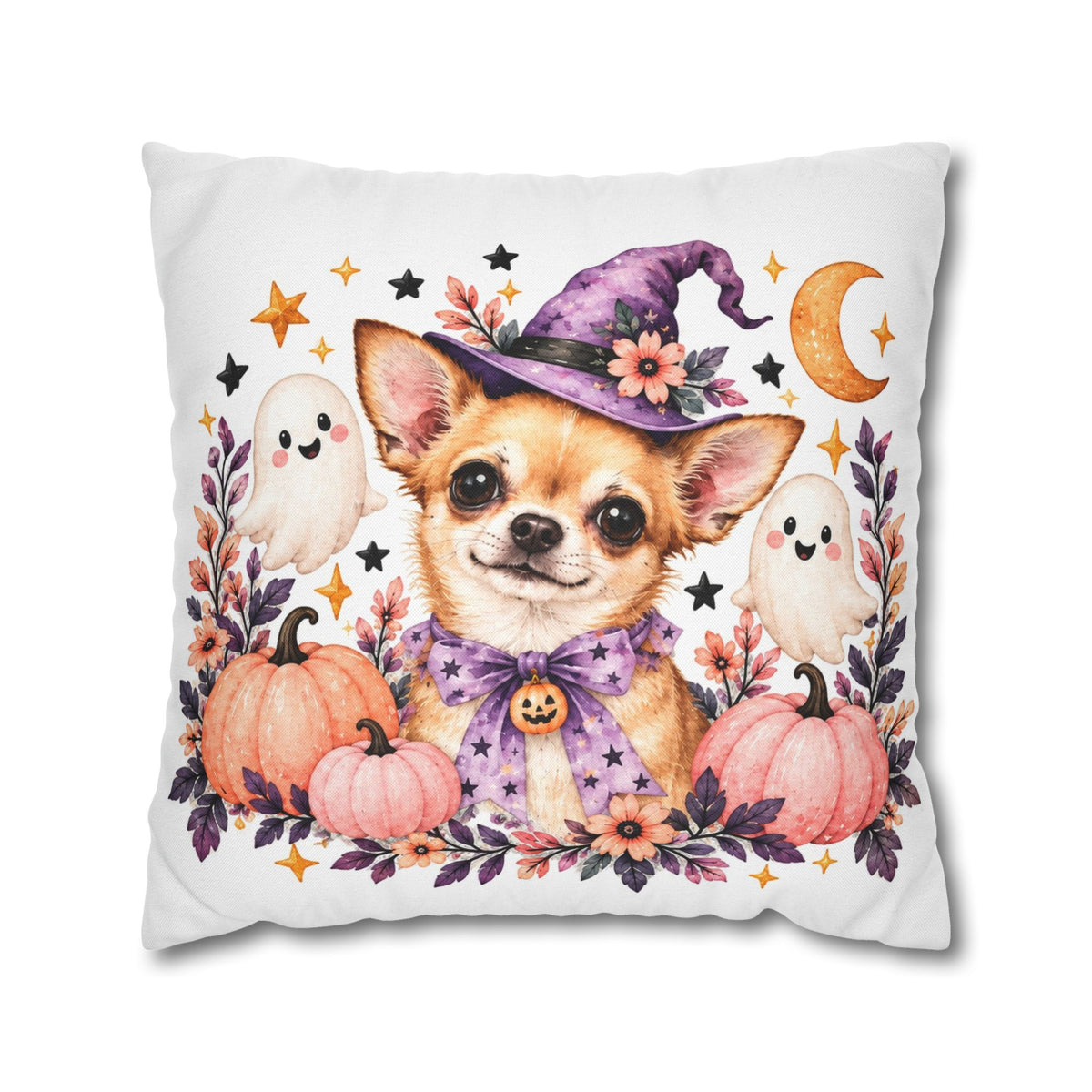 Halloween Chihuahua Pillowcase — Cute Witch Dog with Ghosts & Pumpkins