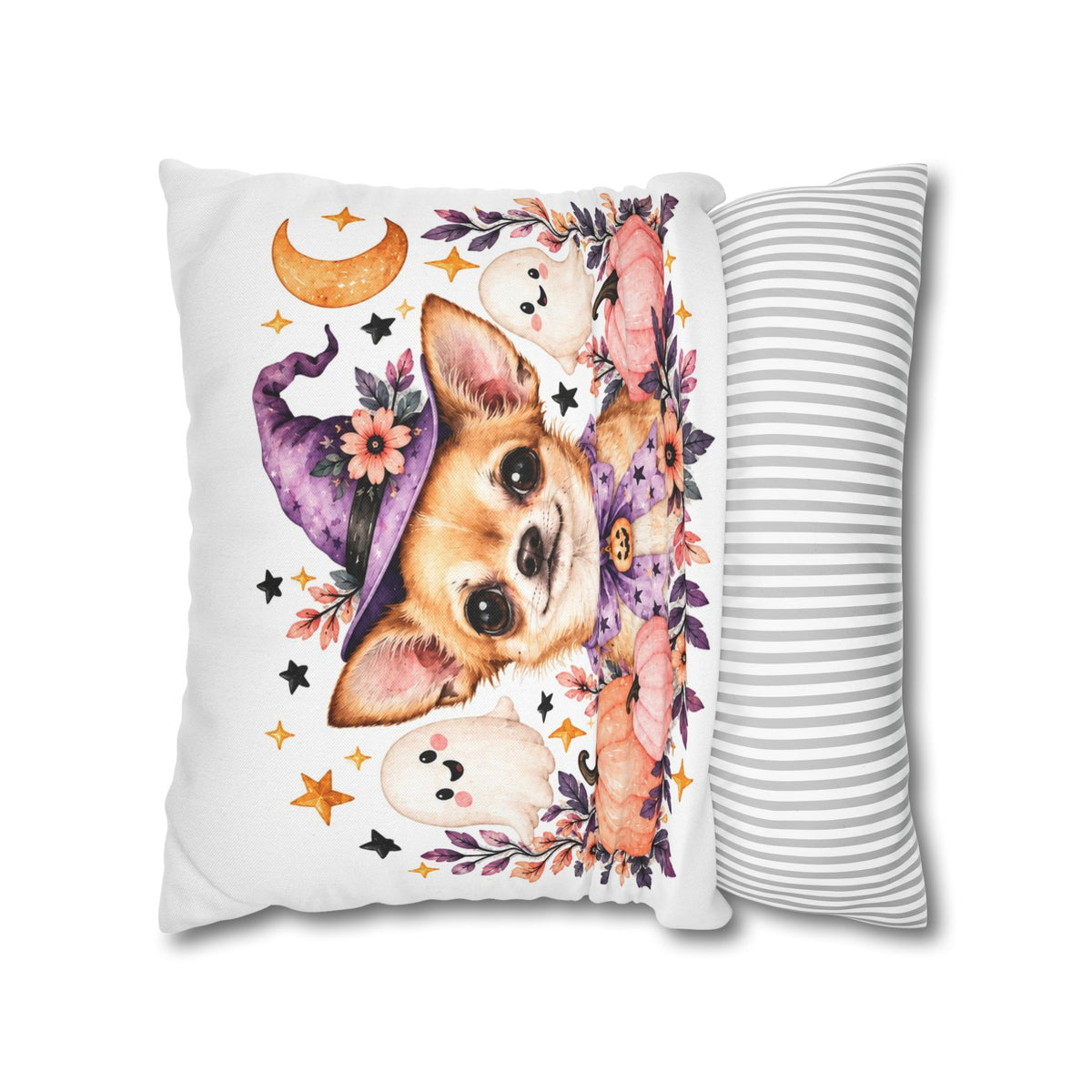 Halloween Chihuahua Pillowcase — Cute Witch Dog with Ghosts & Pumpkins