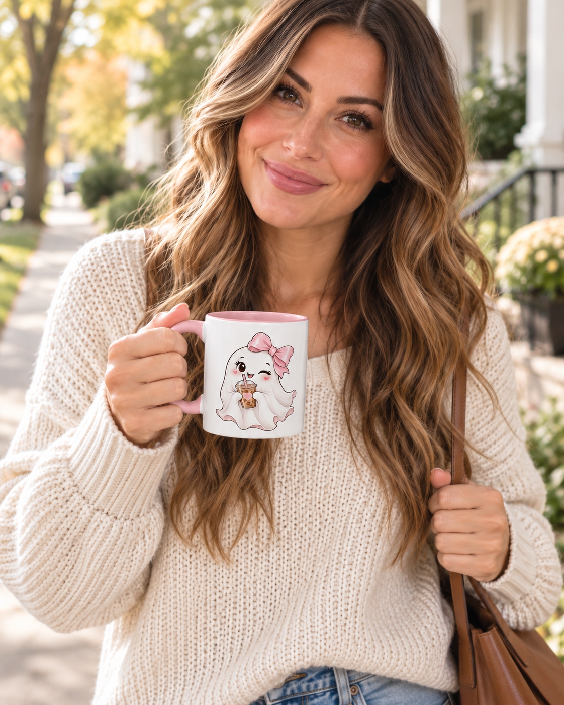 Cute Ghost Accent Mug — Pink Bow Ghost Drinking Boba | Kawaii Halloween Coffee Cup