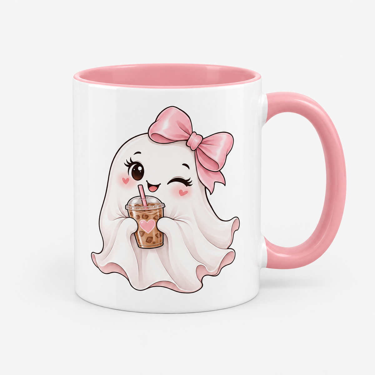Cute Ghost Accent Mug — Pink Bow Ghost Drinking Boba | Kawaii Halloween Coffee Cup