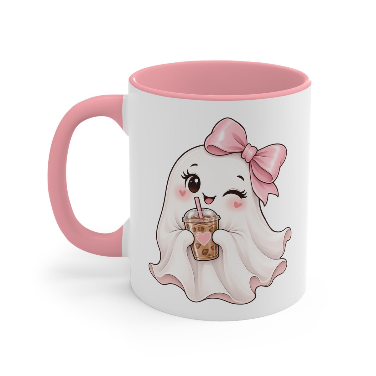 Cute Ghost Accent Mug — Pink Bow Ghost Drinking Boba | Kawaii Halloween Coffee Cup