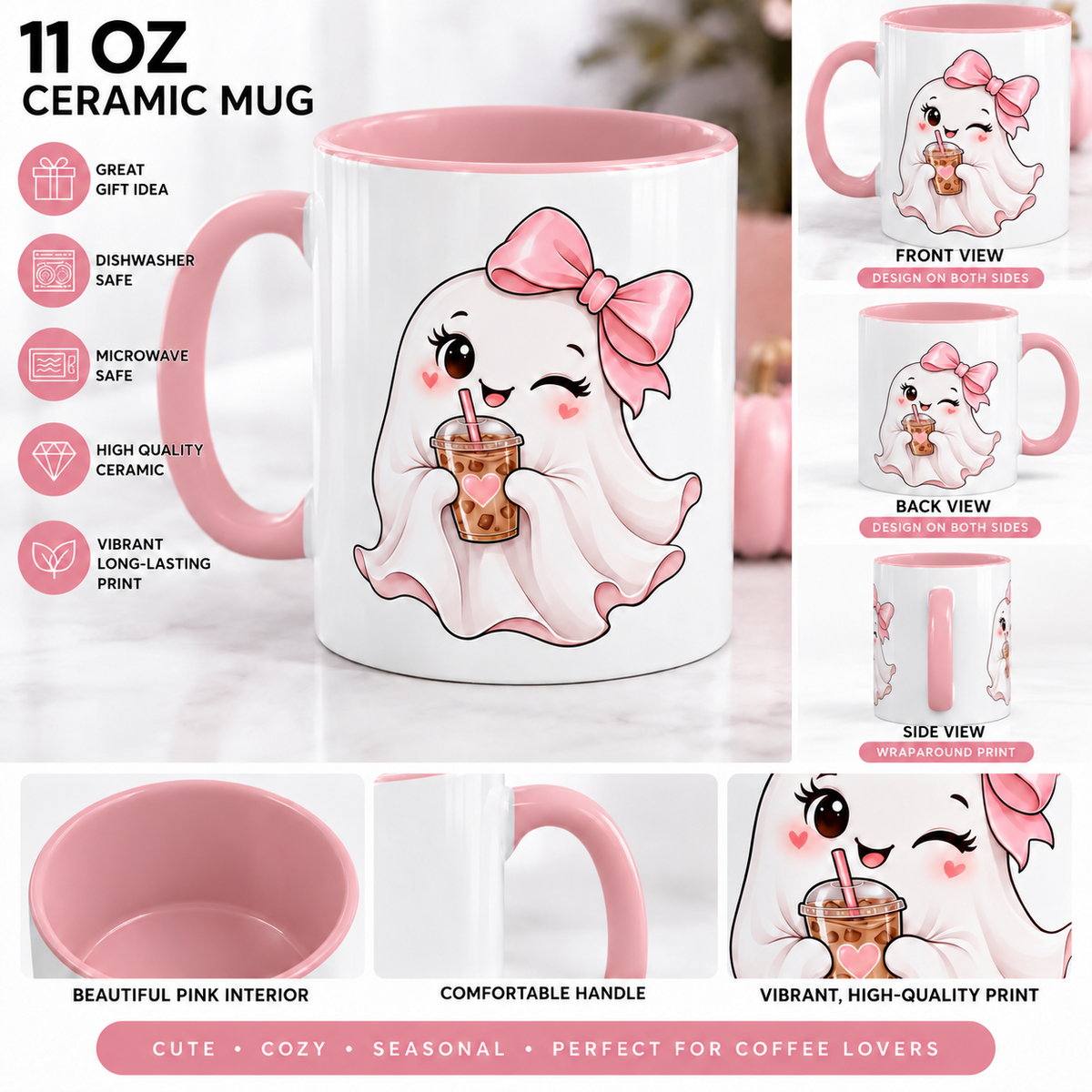 Cute Ghost Accent Mug — Pink Bow Ghost Drinking Boba | Kawaii Halloween Coffee Cup