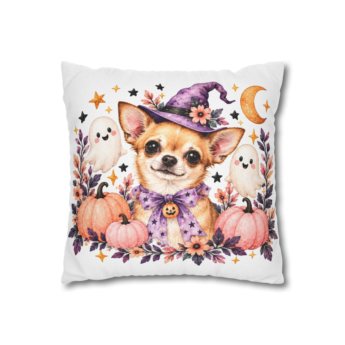 Halloween Chihuahua Pillowcase — Cute Witch Dog with Ghosts & Pumpkins