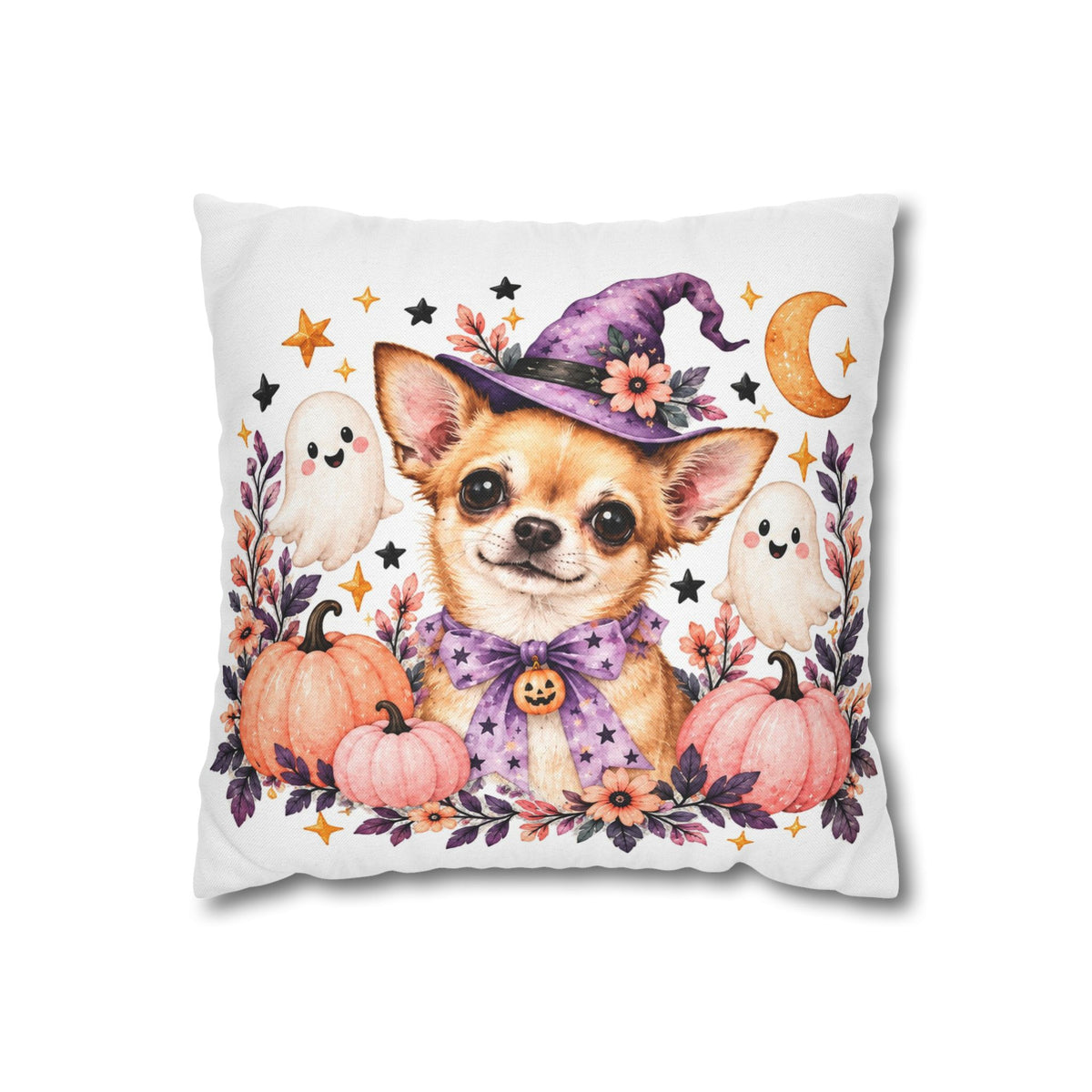 Halloween Chihuahua Pillowcase — Cute Witch Dog with Ghosts & Pumpkins
