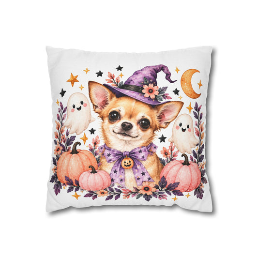 Halloween Chihuahua Pillowcase — Cute Witch Dog with Ghosts & Pumpkins