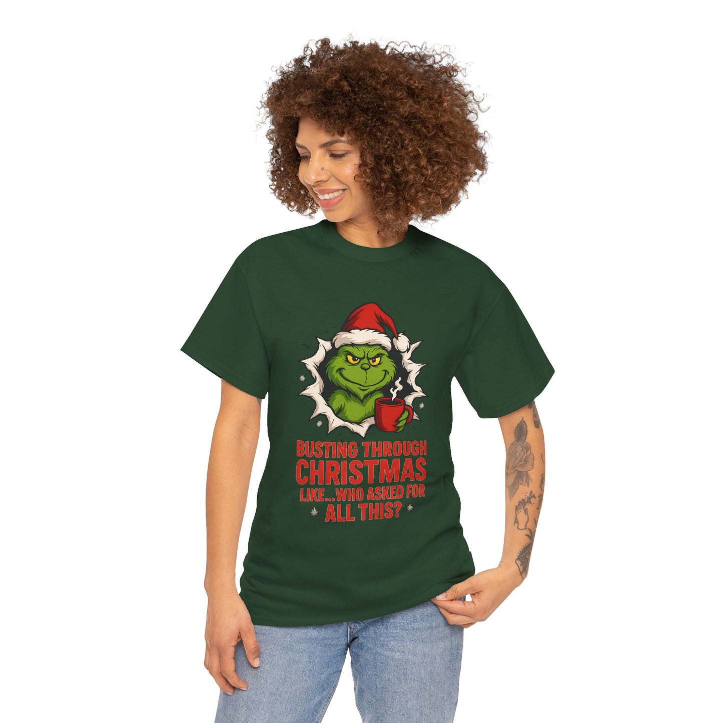 Grinch Christmas T-Shirt — "Busting Through Christmas" Front & "Mind Your Business" Back