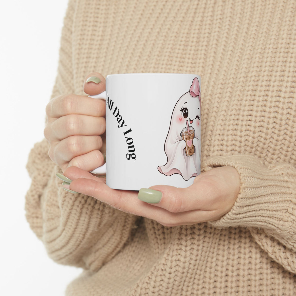 Cute Ghost Mug with Boba Tea – 'Spooky Cute' Ceramic Coffee Cup (11oz & 15oz)