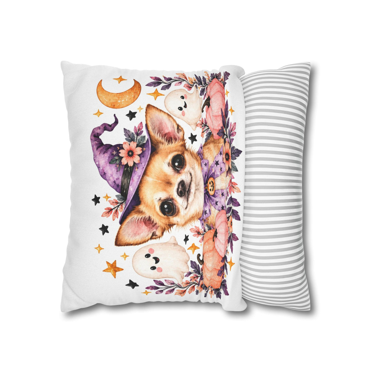 Halloween Chihuahua Pillowcase — Cute Witch Dog with Ghosts & Pumpkins
