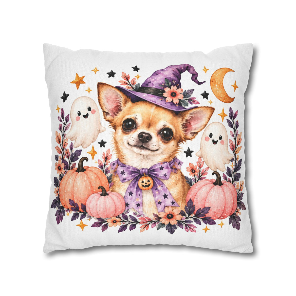 Halloween Chihuahua Pillowcase — Cute Witch Dog with Ghosts & Pumpkins