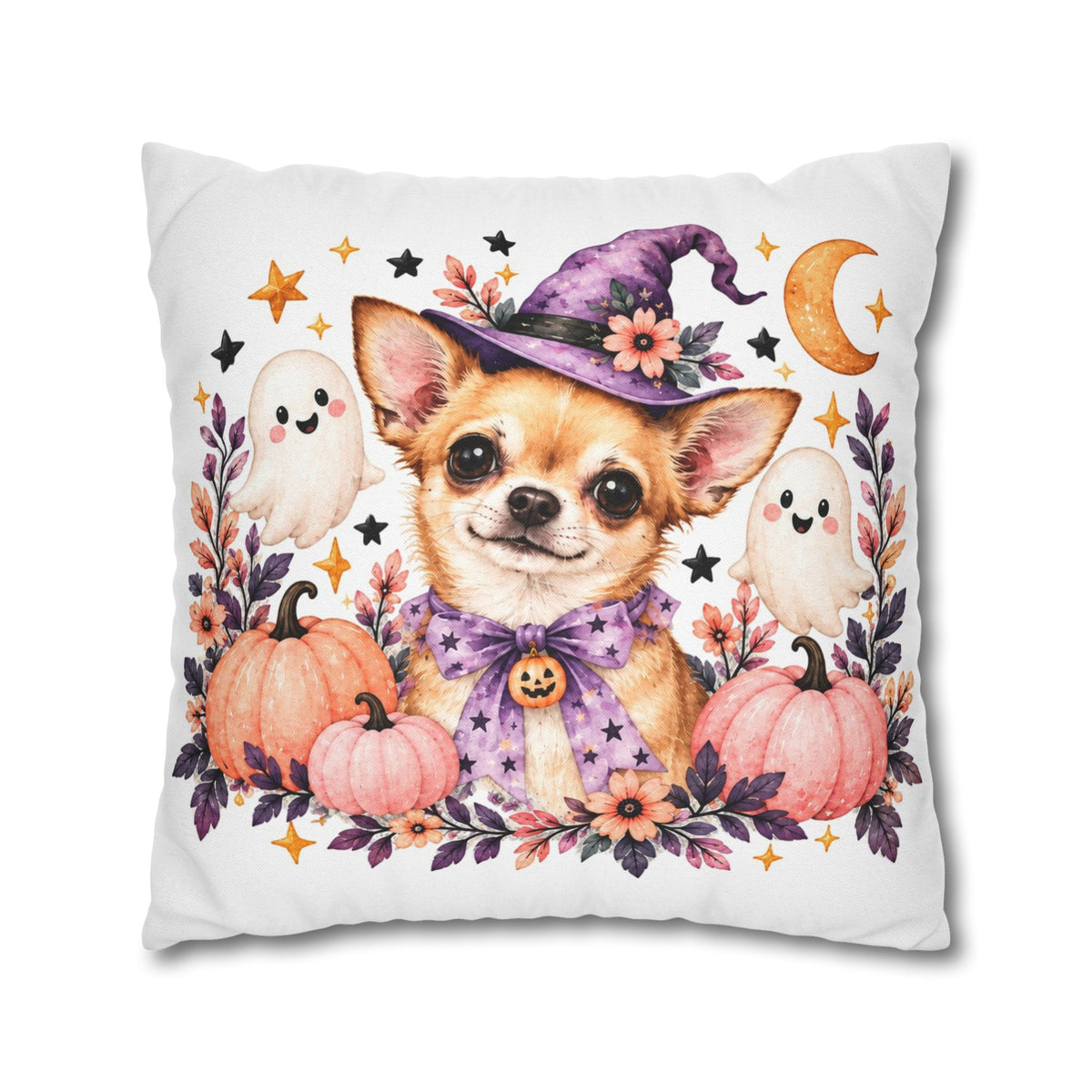 Halloween Chihuahua Pillowcase — Cute Witch Dog with Ghosts & Pumpkins
